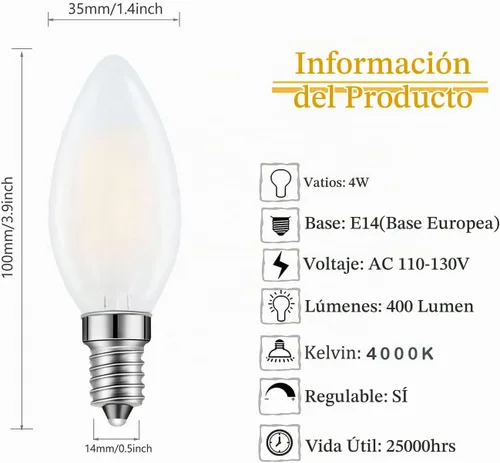 Vista 3 de Bombilla LED E14 con base europea de 4 W, bombillas LED regulables equivalentes a 40 W, 110 V 4000 K blanco neutro, bombilla decorativa de vidrio