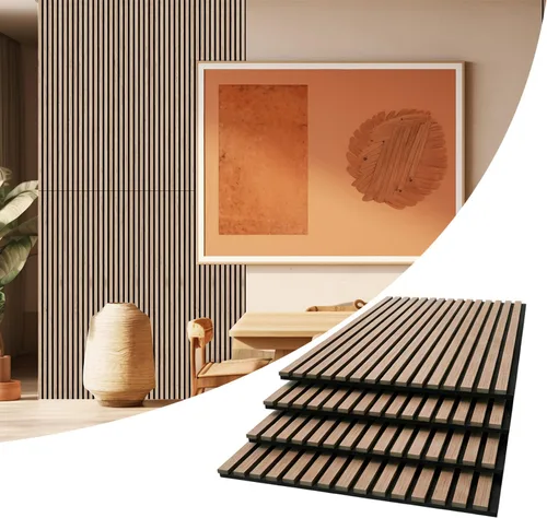 Vista 14 de AKUMAX Paquete de 2 paneles acústicos, listones de madera para pared y techo, paneles de espuma acústica de 96 x 24 pulgadas, paneles de pared 3D
