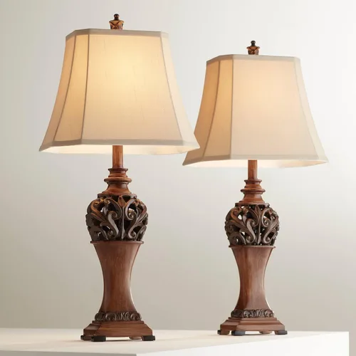 Vista 2 de Regency Hill Exeter Lámparas de Mesa de Estilo Tradicional 30" de Alto Juego de Tamaño Completo de 2 Bronce Madera Tallada Hoja Crema Pantalla
