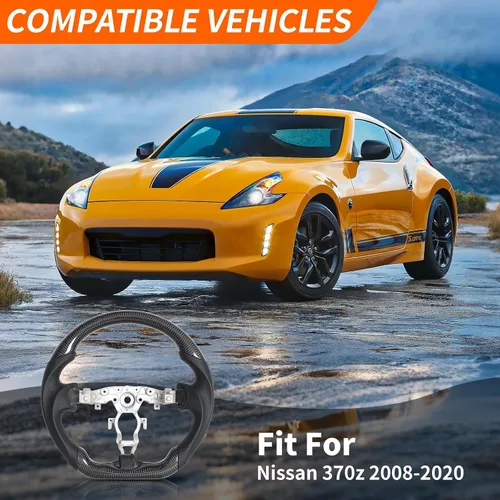 Vista 5 de Volante de fibra de carbono, volante de cuero perforado con parte inferior plana en forma de D, color negro, apto para Nissan 370z 2008-2020