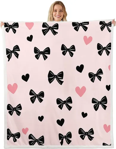 Vista 19 de Erosebridal Black Pink Bow Fleece Throw Blanket 40"x50" - Ultra-Soft for Couch Sofa Bed,Kawaii Cool Bowknot Sherpa Blanket,Princess Style Fuzzy