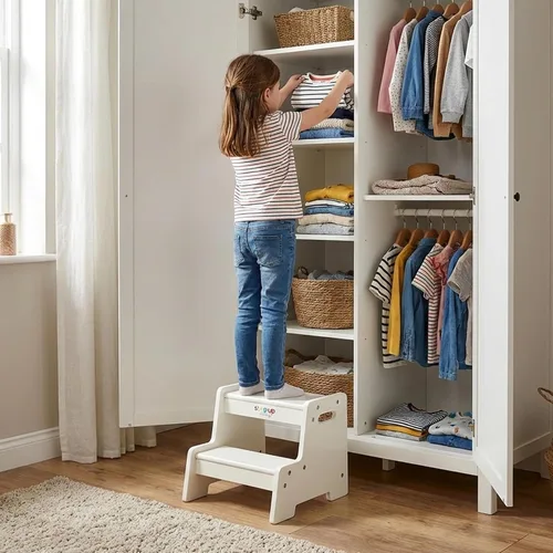 Vista 9 de Taburete de madera barnizado para niños – Taburete infantil de 2 pasos con asas, madera contrachapada de abedul, base antipunta y esquinas