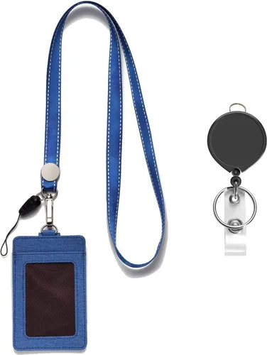 Vista 6 de AMUU Cordón de nylon negro para el cuello con soporte vertical de cuero PU para tarjetas de identificación y carrete retráctil, cordón, para llaves