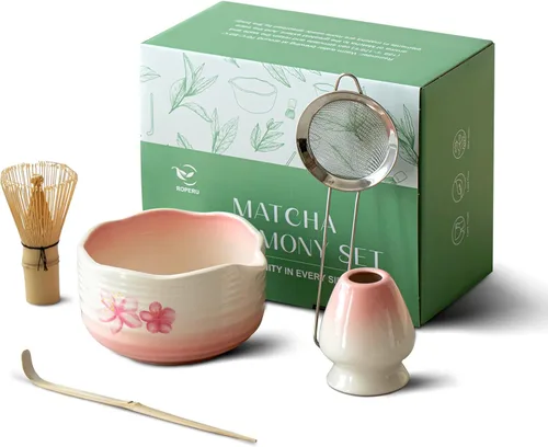 Vista 11 de Pottery Matcha Set – Tazón de té matcha japonés hecho a mano cuenco de esmalte mineral con boquilla, batidor de bambú, cuchara y soporte de Chasen