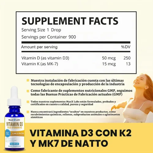 Vista 3 de Gotas líquidas de vitamina D3 K2 con K2 MK7-2,000 UI por gota, gotas líquidas de vitamina D K2 para adultos y niños, las mejores gotas de vitamina