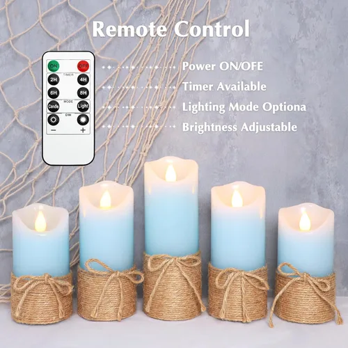 Vista 3 de Crystal Club Velas azules sin llama, juego de 5 velas LED con temporizador, juego de velas de cera real con control remoto para decoración del hogar
