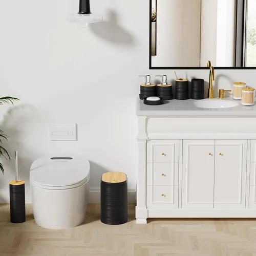 Vista 7 de XLHOMO Juego de 10 accesorios de baño color negro, juego de accesorios de baño de lujo con basura, cepillo de inodoro y 2 dispensadores de jabón
