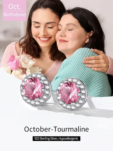 Vista 5 de ChicSilver Aretes de plata de ley 925 con forma de corazón, redondo, pera, esmeralda, piedra natal con halo para mujer, joyería de cumpleaños