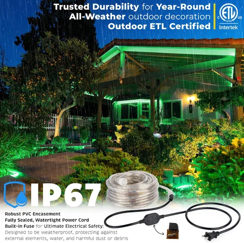 Vista 2 de 108 LED, luz LED verde exterior de 10 pies, conectable, para exteriores, certificado ETL, iluminación exterior permanente, impermeable, carcasa