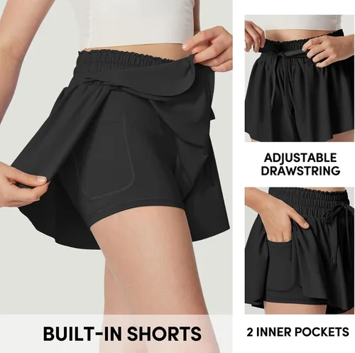 Vista 4 de IUGA Pantalones cortos de mariposa con bolsillos para niñas, ropa deportiva y fluida, para correr, tenis, baile, animación, 2 en 1, pantalones