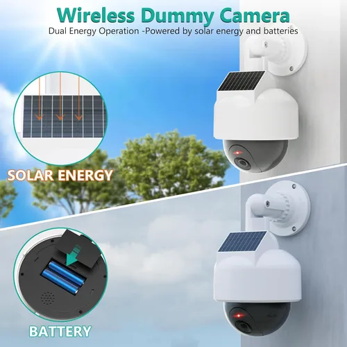 Vista 2 de WALI Cámara de seguridad solar falsa, cámara domo falsa inalámbrica, cámaras de vigilancia simuladas para el hogar, jardín y negocios al aire Blanco