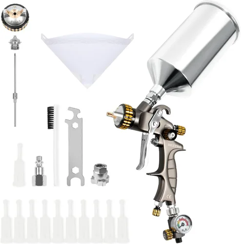 Vista 9 de BEETRO HVLP Pistola de pulverización de aire de 0.055 in, boquilla de 33.8 fl oz de capacidad 14.5CFM 30-43psi con 11 filtros, 10 filtros de 190M