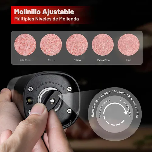 Vista 3 de Juego de molinillo de sal y pimienta a pilas, molinillo de sal eléctrico con base de almacenamiento, operación automática con una mano, acero