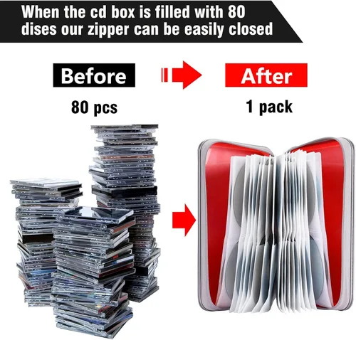 Vista 4 de Siveit Funda para CD, soporte para 80 CD/DVD, carteras para CD/DVD, estuches duros de plástico para CD/DVD, organizador de almacenamiento para Rojo