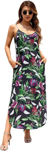 Vista 2 de Huskary - Vestido de verano para mujer, casual, sin mangas, cuello en V, con tirantes delgados, abertura, holgado, salida de baño para la playa