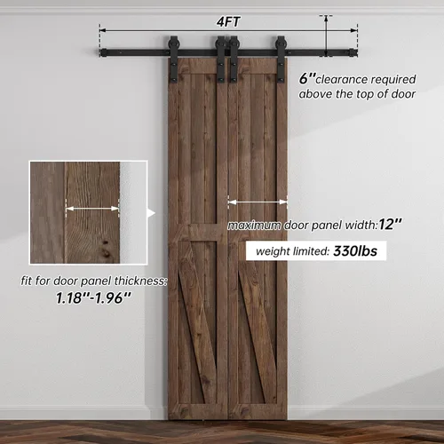 Vista 4 de Kit de herrajes para puerta corrediza de granero de 4 pies para puerta doble, riel de puerta corredera, fácil de instalar, suave y silencioso, se