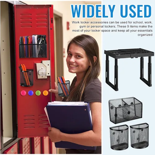 Vista 7 de Wesiti Kit de organizador de 9 piezas y accesorios para casillero, incluye 1 estante, 3 soportes magnéticos para lápices, 1 espejo, 4 imanes
