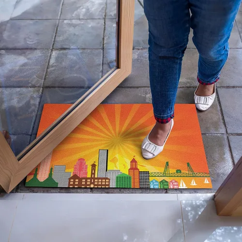 Vista 3 de Lunarable Oregon Felpudo de la ciudad de Portland Landmarks Hawthrone Bridge y arquitectura con fondo Sunburst, tapete decorativo de poliéster