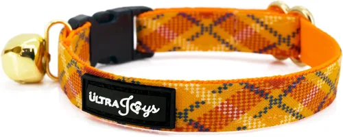 Vista 4 de Ultra Joys Breakaway - Collar de gato con campanas, color naranja a cuadros, talla L Solo cuello a cuadros