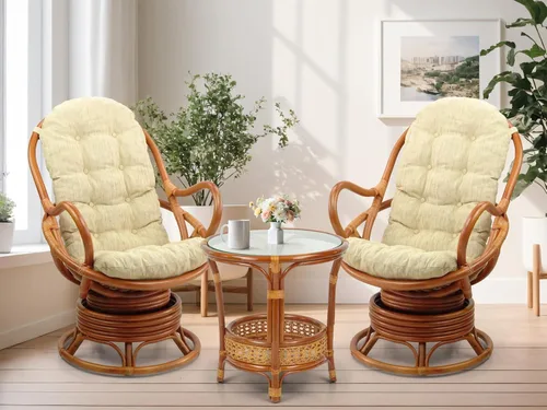 Vista 5 de Java Lounge - Mecedora giratoria con cojín color crema, mimbre de ratán natural, hecho a mano, colonial