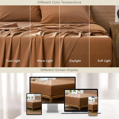 Vista 5 de MooMee Sábana bajera ajustable únicamente, 100% algodón lavado con textura tipo lino, transpirable, duradera, suave, cómoda, bolsillo profundo se