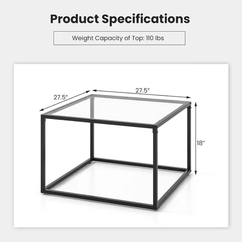 Vista 3 de COSTWAY Mesa auxiliar de cristal, mesa cuadrada de cristal de 27.5 pulgadas con marco de metal, mesa de té central moderna para sala de estar
