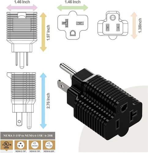 Vista 4 de Nema Adaptador de enchufe de 15 amperios a 20 amperios con certificación ETL NEMA 5-15P a 5-15/20R (peine de 20 amperios T Blade) 15 Amp enchufe
