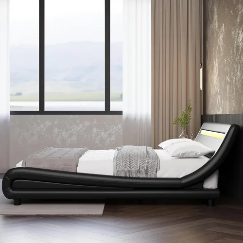 Vista 4 de TTVIEW Base de cama LED de perfil bajo de tamaño matrimonial con cabecera ajustable, moderna plataforma tapizada con soporte de listones de madera