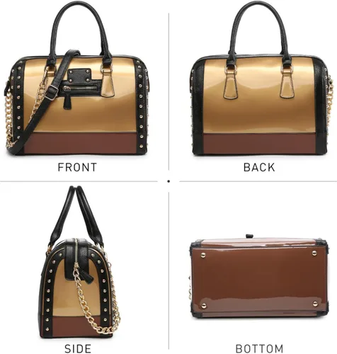 Vista 3 de Bolsas de mano de charol sintético brillante, asa superior, forma de barril, bolso de hombro para mujer