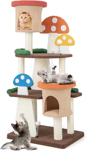 Vista 10 de Tangkula Cama para Gatos en Forma de Seta, Rascador para Gatos con Plataforma Amplia y Elevada, Panel de Rascado de Sisal, Bola de Resorte