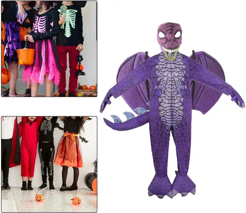 Vista 6 de Yiju Child Dragon Costume, Boys Dragon Wing, Tail and Mask Set for Halloween Dress Up Party Supplies, Purple XL 140cm