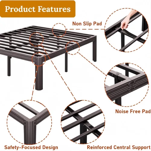 Vista 6 de Marco de cama de plataforma de metal doble de 14 pulgadas con Resistente, no necesita somier, sin ruido, fácil montaje, estilo contemporáneo, negro