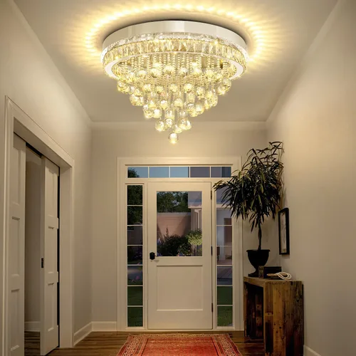 Vista 18 de Mini Lámpara de Araña Empotrada de 12" de Diámetro para Pasillo, Candelabros de Techo de Cristal para Comedor, Dormitorio, Sala de Estar, Entrada