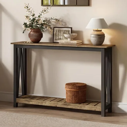 Vista 11 de ChooChoo Mesa de Consola para Entrada, Mesas de Sofá para Sala de Estar Estilo Granja, Mesa Estrecha para Pasillo y Vestíbulo con Estante, Negro