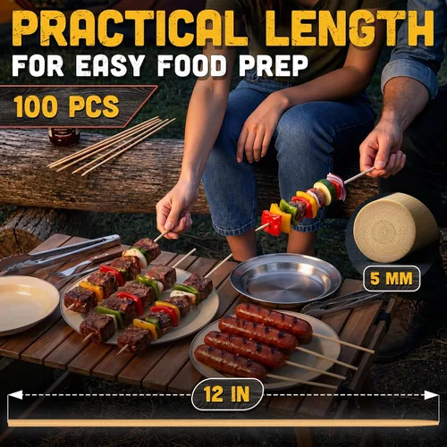 Vista 2 de 100 pinchos de madera de 12 pulgadas, palitos de bambú para aperitivos