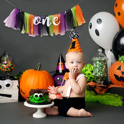 Vista 5 de Cartel para silla alta de Halloween, decoración espeluznante, fondo de fotos de primer cumpleaños, pancarta de cumpleaños de calabaza, guirnalda