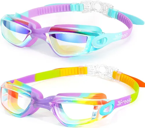 Vista 10 de Freela Gafas de natación para niños, paquete de 2 gafas de natación para niños de 3 a 14 años, gafas de natación para niños y niñas, antivaho