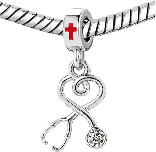 Vista 2 de KunBead Dije de estetoscopio para el día de la enfermera, para mujer, compatible con pulseras Pandora, Cobre, vidrio