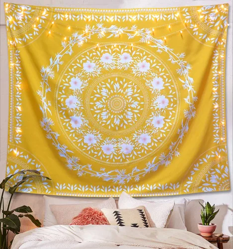 Vista 9 de Lifeel - Tapiz bohemio azul para colgar en la pared, tapiz hippie de mandala, medallón floral con diseño de corona estética blanca, manta decorativa