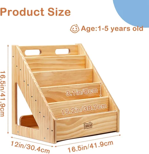 Vista 2 de FUNLIO Montessori - Estantería para niños pequeños de 1 a 5 años, con asa y dispositivo antiinclinación, estantería de pino de primera calidad