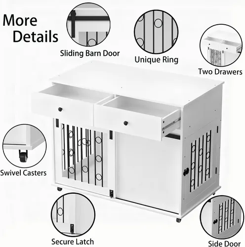 Vista 5 de Mueble moderno de madera para perros con cajones dobles y puerta corrediza de granero, mesa auxiliar decorativa para perrera con ruedas