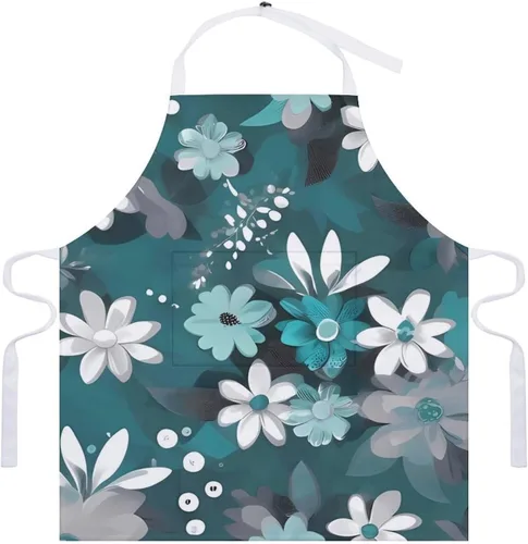 Vista 7 de MUSM Teal Grey And White Floral Apron，Classic Vintage Funny with Pockets Aprons,Adjustable Bib Waterdrop Resistant for Kitchen Cooking Restaurant