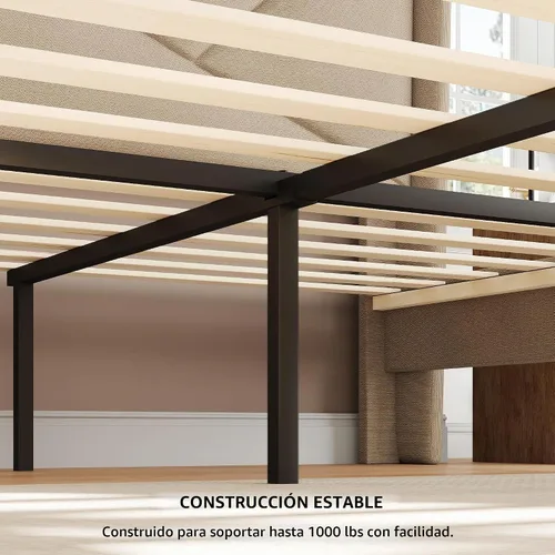Vista 6 de iPormis Base de cama tamaño Queen con estación de carga, marco de cama de plataforma de lino con cabecera tapizada con respaldo de ala, soporte