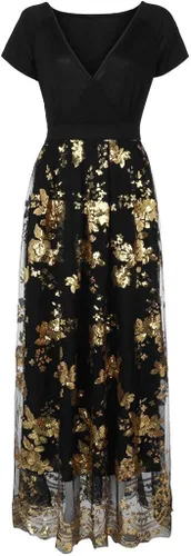 Vista 7 de Vestido de malla de manga corta para mujer, floral, para fiesta, noche, con lentejuelas, cuello en V, talla grande, vestidos de corbata para mujer