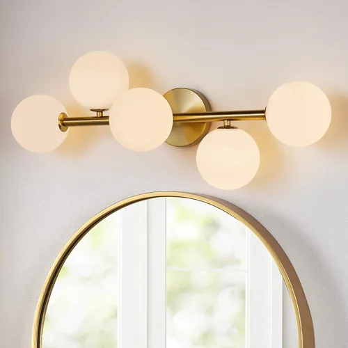 Vista 10 de Luminarias de Espejo de Tocador de Baño: Aplique de Pared de Baño Regulable de 5 Luces - Luces de Tocador de Latón Dorado con Pantalla de Vidrio