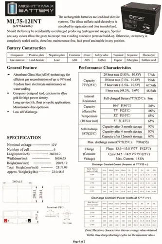 Vista 6 de Mighty Max Battery Batería interna del hilo de 12V 75AH para el producto de la marca Hoveround Teknique HD XHD