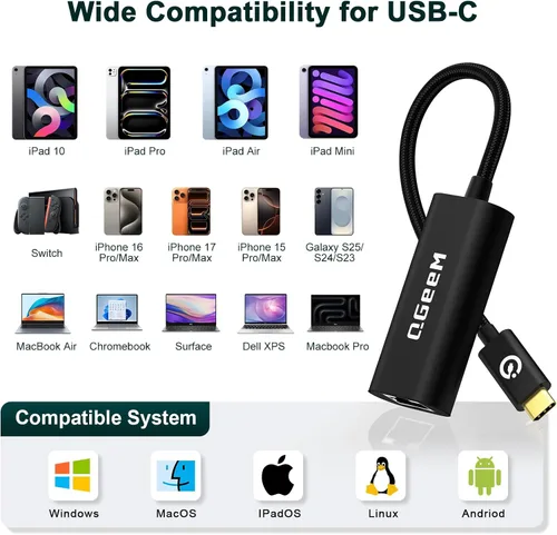 Vista 3 de QGeeM Adaptador USB C a Ethernet, adaptador de red LAN Gigabit RJ45 de 1000 Mbps, compatible con Thunderbolt 4/3, funda de aluminio de nailon
