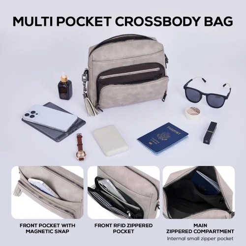 Vista 5 de POIUGOYA Bolsos cruzados para mujer a la moda, bolso cruzado mediano de cuero vegano, bolso cruzado de viaje para mujer, cartera integrada