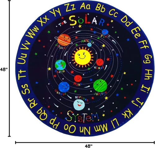 Vista 2 de GlowSol Alfombra redonda para niños de 4 4 pies ABC con diseño de estrellas del alfabeto, alfombra para guardería, espacio exterior, galaxia