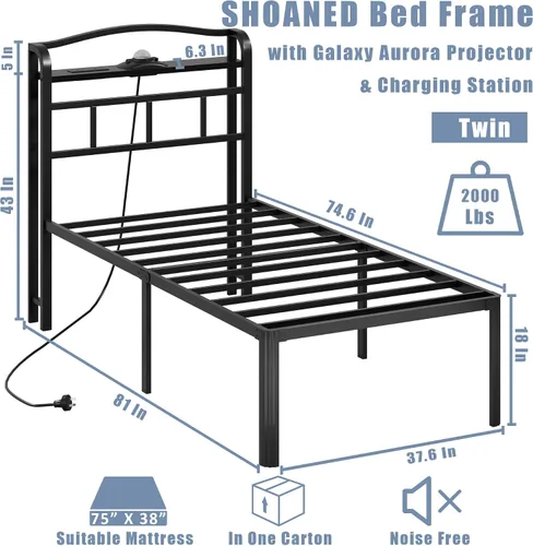 Vista 2 de SHOANED Base de cama de tamaño individual, base de cama de metal resistente de 18 pulgadas, color negro, con plataforma de proyector de cielo